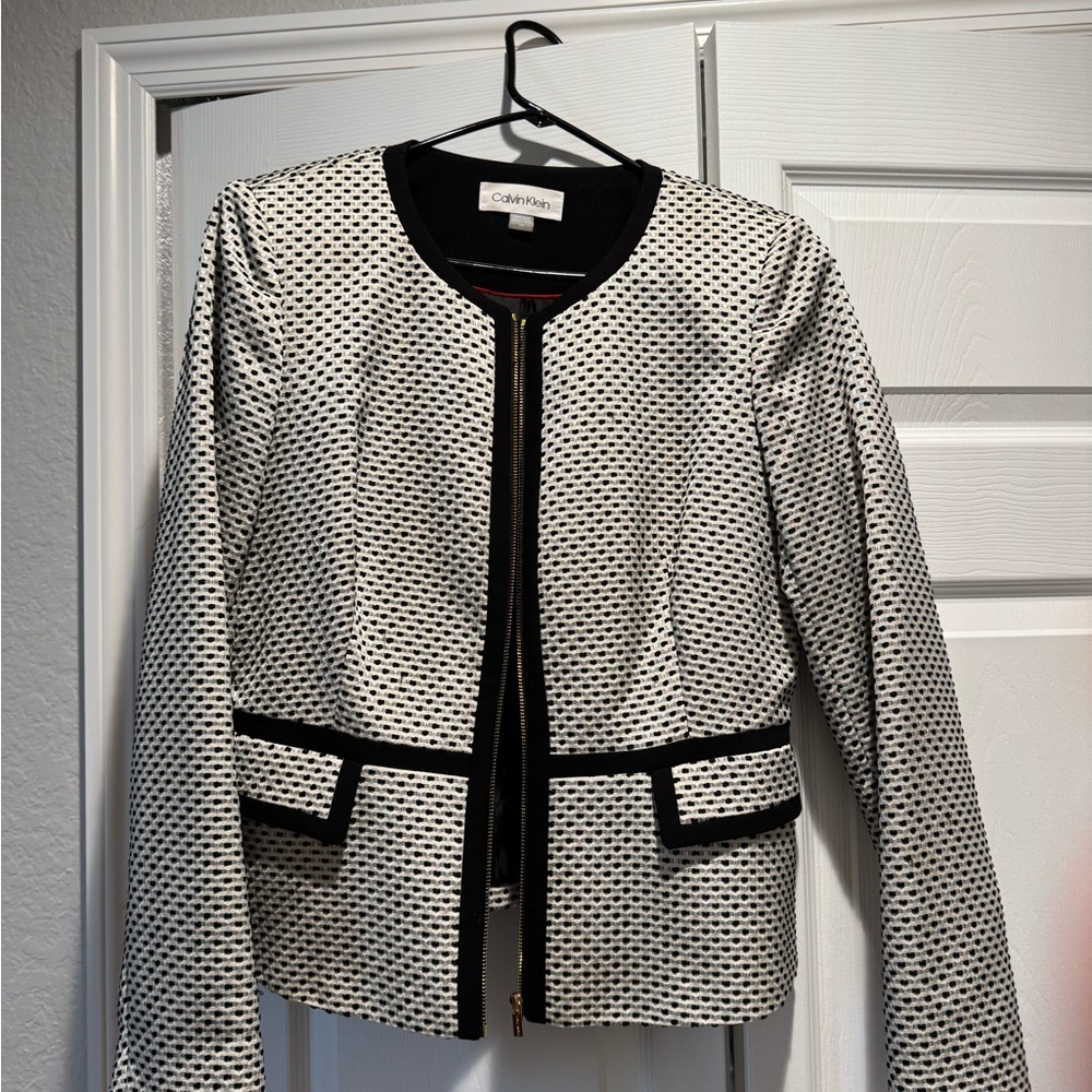 Calvin Klein Black and White Blazer with Geometric Pattern